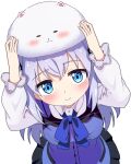  1girl :3 angora_rabbit animal_on_head arms_up black_skirt blue_bow blue_bowtie blue_eyes blue_hair blue_vest blush bow bowtie closed_mouth collared_shirt commentary_request cowboy_shot dutch_angle from_above gochuumon_wa_usagi_desu_ka? hair_between_eyes hair_ornament kafuu_chino long_hair long_sleeves looking_at_viewer looking_up on_head pleated_skirt poteto_furai rabbit shirt simple_background skirt smile solo split_mouth tippy_(gochiusa) upturned_eyes vest white_background white_shirt x_hair_ornament 