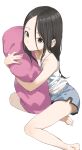  1girl absurdres bare_arms bare_legs bare_shoulders barefoot black_hair blue_shorts brown_eyes camisole closed_mouth collarbone commentary_request hair_between_eyes highres hugging_object long_hair looking_at_viewer original parted_bangs pillow pillow_hug short_shorts shorts simple_background solo very_long_hair white_background white_camisole yamamoto_souichirou 