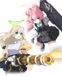  2girls beretta_92 black_gloves blue_archive blue_eyes blue_necktie breasts bulletproof_vest cardigan checkered_clothes checkered_skirt fingerless_gloves firing gatling_gun gloves green_eyes green_hair grey_skirt gun handgun heterochromia highres hoshino_(armed)_(blue_archive) hoshino_(blue_archive) id_card iroha_(iroha041) lanyard large_breasts m134_minigun minigun multiple_girls necktie nonomi_(blue_archive) official_alternate_costume official_alternate_hairstyle pink_hair ponytail shield shirt simple_background skirt small_breasts thighs weapon white_background white_shirt yellow_cardigan yellow_eyes 