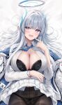  1girl arm_under_breasts black_bra black_panties black_pantyhose blue_archive blue_necktie blush bra breasts cleavage clothes_lift dress_shirt finger_to_mouth grey_hair hair_intakes halo headgear highres large_breasts long_hair loose_necktie lying mechanical_halo navel necktie noa_(blue_archive) on_back on_bed open_clothes open_mouth open_shirt panties pantyhose purple_eyes school_uniform shiny_skin shirt skirt skirt_lift solo tomoo_(tomo) tongue underwear wet white_background white_shirt white_skirt 