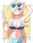  1girl bikini blonde_hair blue_eyes breasts cleavage earrings food highres jewelry large_breasts long_hair mario_(series) navel pale_skin popsicle rosalina simple_background solo sunglasses super_mario_galaxy swimsuit yass_8mk yassrosalina 