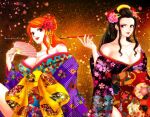  2girls bare_shoulders black_hair breasts cleavage commentary_request eyeshadow floral_print floral_print_kimono hair_bun hair_ornament half_updo hand_fan highres holding holding_fan holding_smoking_pipe japanese_clothes kimono long_hair makeup multiple_girls nami_(one_piece) nico_robin obi one_piece orange_hair oregano551 petals print_kimono red_eyeshadow sash sidelocks smile smoking_pipe swept_bangs twitter_username wide_sleeves 