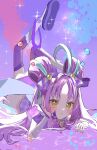  1girl ahoge aqua_hair asymmetrical_dress boots bow bowtie bracelet bridal_gauntlets brooch bubble clip_studio_paint_(medium) closed_mouth cure_kyunkyun double_bun dress expressionless footwear_bow frilled_dress frills full_body hair_bobbles hair_bow hair_bun hair_ornament hair_spread_out heart heart_brooch highres jewelry kimi_to_idol_precure knee_boots legs_up light_blush long_hair lying lying_on_water multicolored_hair natadekoko_(nata_hfa) off-shoulder_dress off_shoulder on_stomach paint_splatter paint_splatter_on_face parted_bangs plaid_bow plaid_clothes plaid_dress platform_boots pleated_sleeves precure purple_background purple_boots purple_bow purple_bowtie purple_dress purple_hair purple_thighhighs shigure_kokoro short_dress short_sleeves single_off_shoulder solo sparkle streaked_hair sweatdrop thighhighs twintails two-tone_hair very_long_hair water white_bridal_gauntlets yellow_eyes 