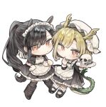  2girls animal_ears antlers apron black_dress black_hair blonde_hair blush chibi chibi_only dragon_girl dragon_horns dragon_tail dress frilled_apron frilled_dress frills full_body fur-tipped_tail green_scales green_tail hair_between_eyes highres horns kicchou_yachie kurokoma_saki long_hair long_sleeves looking_at_viewer maid maid_apron maid_headdress monster_girl multiple_girls scales short_hair short_sleeves simple_background skull tail touhou white_apron white_background yellow_horns yuejinlin 