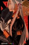  1boy 1girl amikoiiko armor ascot black_background black_hair blonde_hair blue_eyes closed_mouth collar collared_shirt dimitri_alexandre_blaiddyd edelgard_von_hresvelg english_text fire_emblem fire_emblem:_three_houses fringe_trim garreg_mach_monastery_uniform gauntlets gloves group_name hair_ribbon hand_on_another&#039;s_arm hand_on_another&#039;s_waist highres hug long_hair long_sleeves looking_down pink_lips profile puff_and_slash_sleeves puffy_sleeves purple_eyes purple_ribbon rainbow_(band) rainbow_text red_background red_collar ribbon shirt short_hair shoulder_armor shoulder_boards song_name upper_body white_ascot white_gloves white_hair yellow_collar yellow_sleeve_cuffs zig-zag_pattern zoom_layer 