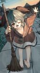  1girl absurdres animal_ears barefoot broom chinese_commentary commentary_request downblouse green_eyes green_hair highres holding holding_broom kasodani_kyouko kourou_(kouroukun) long_hair long_sleeves looking_at_viewer navel one_eye_closed open_mouth outdoors smile soles solo teeth toes touhou 