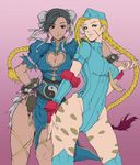  ahoge alternate_costume beret between_breasts black_hair blonde_hair blue_eyes blue_leotard bracelet braid breasts bun_cover cammy_white china_dress chinese_clothes chun-li cleavage cleavage_cutout colorized contrapposto dark_skin dress fingerless_gloves flat_color gloves hand_on_hip hat heart_cutout holding_hands huge_ahoge interlocked_fingers jewelry kenshjn_park leotard long_hair looking_at_viewer medium_breasts modern_maverick multiple_girls necktie necktie_between_breasts over-kneehighs pelvic_curtain puffy_short_sleeves puffy_sleeves ribbed_leotard ribbon scar short_sleeves spiked_bracelet spikes standing street_fighter street_fighter_zero_(series) thigh_ribbon thighhighs twin_braids yin_yang yuri 