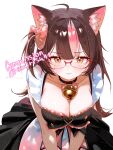  1girl absurdres ahoge animal_ear_fluff animal_ears bell black_choker black_dress blush breasts brown_eyes brown_hair cat_ears cat_girl choker cleavage closed_mouth commission dress emirisu frilled_dress frills hair_ribbon highres jingle_bell large_breasts leaning_forward light_particles long_hair looking_at_viewer median_furrow neck_bell one_side_up original pink_hair pink_ribbon pink_streaks red-framed_eyewear ribbon semi-rimless_eyewear simple_background sleeveless sleeveless_dress solo twitter_username upper_body v_arms white_background yunadere 