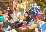  2boys 5girls :d :o ahoge arm_up at_computer beret black_jacket blonde_hair blue_eyes blue_jacket book braid brown_eyes brown_hair brown_serafuku brown_shirt child&#039;s_drawing chuunibyou_demo_koi_ga_shitai! city_(arawi_keiichi) commentary_request company_connection computer copyright_notice crossover door dragon_horns drawstring earbuds earphones easel eyepatch free! gakuran hair_ribbon hat hibike!_euphonium holding holding_book holding_megaphone holding_paper hood hooded_jacket horns icho_private_high_school_uniform indoors jacket jitome kanna_kamui kitauji_high_school_uniform kobayashi-san_chi_no_maidragon kyoto_animation lamp looking_at_another medical_eyepatch megaphone monitor multiple_boys multiple_crossover multiple_girls nagumo_midori nanase_haruka_(free!) narumiya_minato neckerchief official_art one_side_up open_book oumae_kumiko paint_on_body paint_on_clothes paint_splatter paint_splatter_on_face pallette_(mega_man) paper pencil_behind_ear phonograph plaid_clothes plaid_skirt red_hat red_neckerchief red_ribbon ribbon ruler school_uniform serafuku shirt short_hair short_sleeves skirt sleeves_rolled_up smile stairs takanashi_rikka thumbs_up tsurune:_kazemai_koukou_kyuudoubu typewriter violet_evergarden violet_evergarden_(series) 