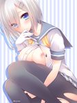  blue_eyes blush breast_press breasts gloves hair_ornament hairclip hamakaze_(kantai_collection) kantai_collection large_breasts nipples pantyhose pocopoco short_hair silver_hair single_glove solo striped striped_background torn_clothes torn_legwear vertical-striped_background vertical_stripes white_gloves 
