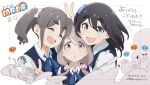  6+girls :d :o akiyama_haruno amamiya_satsuki_(mono) anime_coloring anko_(mono) black_hair blue_eyes blue_ribbon blue_sweater_vest bow collared_shirt commentary copyright_logo doodle_inset grey_hair hair_bow hair_ornament hair_scrunchie inomata_fuuka kiraringo kiriyama_an komada_kako kurokuma_torayo light_blush looking_at_viewer low_twintails medium_hair mono_(afro) motor_vehicle motorcycle multiple_girls neck_ribbon on_motorcycle one_side_up pink_scrunchie purple_eyes ribbon school_uniform scrunchie shikishima_sakurako shirt short_twintails sidelocks smile sweater_vest thick_eyebrows translated trim_marks twintails v white_background white_bow white_shirt 