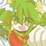  1girl :d blush bright_pupils china_dress chinese_clothes draco_centauros dragon_girl dragon_horns dress english_text fang green_hair hair_between_eyes hair_over_eyes highres horns looking_at_viewer open_mouth outstretched_arm outstretched_hand pointy_ears raisutea short_hair signature simple_background smile solo white_background white_pupils yellow_eyes yellow_horns 