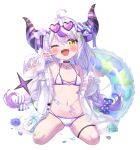  1girl ;d absurdres ahoge bikini black-framed_eyewear blue_bow blue_flower blue_rose blush bow braid brown_eyes commentary_request demon_horns diagonal-striped_bow flower full_body grey_hair groin hair_between_eyes hair_bow hair_ornament hairclip heart heart-shaped_eyewear highres hololive horns innertube la+_darknesss layered_bikini long_hair low_twintails masaki_(msk064) multicolored_hair navel one_eye_closed petals pink-tinted_eyewear polka_dot polka_dot_bow purple_bikini purple_hair rose rose_petals seiza simple_background sitting smile solo streaked_hair swim_ring swimsuit tinted_eyewear twin_braids twintails very_long_hair virtual_youtuber white_background white_bikini 