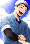  1boy black_hair black_shirt blue_jacket closed_eyes cloud collared_jacket commentary_request fingernails grey_hair haikyuu!! hand_on_own_arm highres jacket kita_shinsuke layered_sleeves light_rays long_sleeves male_focus multicolored_hair official_alternate_costume omg_genjitsu open_mouth outdoors parted_bangs shirt short_hair short_over_long_sleeves short_sleeves sky sleeves_rolled_up smile solo sun sunbeam sunlight sweat teeth tongue two-tone_hair upper_body watermark wing_collar 