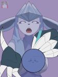 4_fingers anthro big_breasts black_nose blue_body blue_clothing blue_dress blue_fur blue_sclera breasts clothed clothing crossgender dress ears_down eeveelution eyelashes felid feline female fingers front_view fur generation_4_pokemon glaceon hi_res hybrid ji_(nine_sols) looking_at_viewer mammal nine_sols nintendo open_mouth pivoted_ears pokemon pokemon_(species) porporpor purple_background reaching_towards_viewer red_candle_games simple_background solarian solo text thick_eyelashes white_eyes