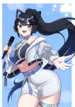  1girl absurdres akaiv_studio animal_ear_headphones animal_ears axent_wear bare_shoulders belt black_hair black_shirt blue_choker blue_eyes breasts cat_ear_headphones chain choker cowboy_shot crop_top fake_animal_ears headphones high-waist_skirt highres holding holding_microphone jacket long_hair looking_at_viewer medium_breasts microphone midriff neogul_kim off_shoulder open_clothes open_jacket open_mouth outstretched_arm pencil_skirt ponytail see-through_clothes see-through_sleeves shirt skirt sleeveless sleeveless_shirt smile solo thigh_belt thigh_strap two-tone_shirt very_long_hair virtual_youtuber white_jacket white_skirt yeorumi_(vtuber) 