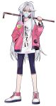  1girl ahoge aqua_eyes asymmetrical_bangs black_shorts black_trim chewing_gum crowbar curtained_hair flipped_bangs full_body grey_hair half-closed_eyes hand_in_pocket hand_up highres holding holding_crowbar jacket long_hair long_sleeves looking_ahead open_clothes open_jacket original osr_00_osr over_shoulder oversized_clothes oversized_shirt pink_jacket print_shirt shirt shoes shorts side_part sidelocks simple_background single_off_shoulder solo standing straight_hair t-shirt tachi-e text_print very_long_hair weapon weapon_over_shoulder white_background white_shirt white_shoes 