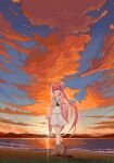  1girl :d absurdres amulet aqua_eyes artist_name ascot backlighting black_ascot blue_sky blunt_bangs blush boots brown_boots cherry_blossom_print chinese_commentary cloud commentary_request cumulonimbus_cloud fang floating_hair floral_print floral_print_kimono fuchuangzi_summerwind full_body hair_ornament hairclip highres holding japanese_clothes kamiyama_shiki kimono lace-up_boots long_hair long_sleeves looking_at_viewer miniskirt mountainous_horizon ocean open_mouth orange_clouds outdoors outstretched_hand pink_kimono pixel_art ponytail print_kimono reaching reaching_towards_viewer red_hair ringed_eyes sailor_collar scenery school_uniform serafuku shirt shore signature skirt sky smile solo standing straight_hair summer_pockets summer_pockets_school_uniform sunlight sunset tassel tassel_hair_ornament very_long_hair white_sailor_collar white_serafuku white_shirt white_skirt wide_sleeves 