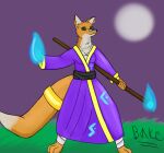 accessory anthro bake_a_snake blue_magic bracelet breasts canid canine clothing dipstick_tail dungeons_and_dragons ear_piercing ear_ring eyewear fantasy female fox fur furgonomics glasses green_eyes hasbro hi_res jewelry magic magic_user mammal markings orange_body orange_fur paizo pathfinder piercing purple_clothing ring_piercing robe smile solo staff tail tail_accessory tail_jewelry tail_markings true_fox wizards_of_the_coast wraps