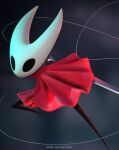 2025 2_horns absurd_res anthro arachnid arthropod artist_name bent_leg black_body black_eyes blender_(artwork) cloak cloak_only clothing colored digital_media_(artwork) english_description english_text featureless_legs female female_anthro hi_res hollow_knight hollow_knight:_silksong horn hornet_(hollow_knight) light lighting michele_garzia mouthless needle_and_thread noseless princess red_cloak red_clothing royalty sewing_needle shaded simple_background solo team_cherry text white_head white_horn