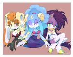  3girls ariem_(sonic) benshir125 bra breasts brown_eyeshadow brown_hair cleavage elbow_gloves facial_mark forehead_mark furry furry_female gloves hedgehog_girl highres horns in-franchise_crossover large_breasts long_eyelashes mature_female multiple_girls purple_hair queen_aleena_hedgehog rabbit_girl rabbit_tail seductive_smile sheep_girl sheep_horns smile sonic_(series) sonic_dream_team sonic_underground tail underwear vanilla_the_rabbit very_long_ears 