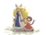  2girls animal_ear_piercing animal_ears animal_hat ay606078 bag blonde_hair blue_tabard bow bowtie breasts brown_hair cat_ears cat_tail chen chinese_commentary closed_eyes closed_mouth clothes_grab commentary_request dress earrings eating food fox_tail green_hat hat high_heels highres holding holding_bag hoop_earrings jewelry kitsune long_sleeves mob_cap multiple_girls multiple_tails nekomata popsicle red_dress red_shoes shoes single_earring sleeve_grab smile spring_onion tabard tail touhou two_tails walking white_shoes yakumo_ran yellow_bow yellow_bowtie 
