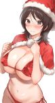  1girl amagami bikini black_eyes blush breasts brown_hair capelet cleavage commentary_request embarrassed fur-trimmed_capelet fur_trim hat highres large_breasts looking_at_viewer navel open_mouth red_bikini red_capelet red_hat santa_bikini santa_costume santa_hat serizawa_(serizawaroom) short_hair side-tie_bikini_bottom simple_background skindentation smile solo swimsuit takahashi_maya white_background 