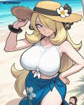  1girl alternate_costume bare_shoulders beach black_eyes blonde_hair blue_eyes blush bracelet breasts cleavage cloud collarbone curvy cynthia_(pokemon) day floral_print floral_print_skirt flower hair_ornament hair_over_one_eye hand_on_own_hip hat jewelry large_breasts long_hair looking_at_viewer navel ocean official_alternate_costume palm_tree pokemon pokemon_dppt pokemon_masters_ex pokemon_sm print_skirt sand sarong shadow skirt sky smile solo standing straw_hat sun_hat sun_hat_ornament swimsuit thick_thighs thighs tree very_long_hair ylvanne 