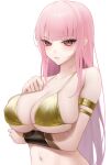  1girl absurdres armlet bare_shoulders bikini blush bracer breasts cleavage closed_mouth collarbone commentary english_commentary highres hololive hololive_english huge_breasts jewelry long_hair looking_at_viewer mori_calliope navel pink_eyes pink_hair simple_background single_bracer solo somebody_(leiking00) stomach swimsuit virtual_youtuber white_background yellow_bikini 