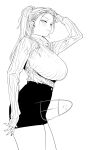  1girl arm_up breasts closed_mouth commentary cowboy_shot goshiki_suzu greyscale hand_on_own_head large_breasts lineart long_hair long_sleeves looking_at_viewer miniskirt monochrome original ponytail ribbed_sweater signature skirt sleeves_past_wrists solo sweater tokiwa_nao turtleneck turtleneck_sweater 