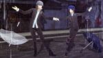  1boy 1girl 3d absurdres artist_name blue_hair blue_hat commentary commission dancing english_commentary hat highres holding_hands long_sleeves narukami_yu persona persona_4 personaparadise rain school_uniform shirogane_naoto short_hair transparent transparent_umbrella umbrella watermark white_hair yasogami_school_uniform 