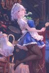  1girl absurdres apron blue_eyes bow braid breasts brown_pantyhose candle chandelier closed_mouth commentary curtains green_bow grey_hair hair_bow highres hjwhuhu impasto indoors izayoi_sakuya knife leg_up long_hair looking_at_viewer maid maid_headdress pantyhose pocket_watch puffy_short_sleeves puffy_sleeves short_sleeves smile solo standing standing_on_one_leg teapot touhou tray twin_braids waist_apron watch white_apron window 