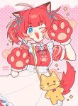  1girl absurdres ahoge akami_karubi animal_bag animal_ears animal_hands apron bag blue_eyes bow bowtie choker crazy_raccoon dress dyed_ahoge fang frilled_apron frills gloves gradient_background hair_ribbon hashtag-only_commentary highres maid_apron multicolored_hair name_tag one_eye_closed onigiwi2namayo open_mouth orange_hair paw_gloves paw_print pink_background polka_dot polka_dot_background puffy_short_sleeves puffy_sleeves raccoon_ears raccoon_girl raccoon_tail red_bow red_bowtie red_dress red_eyes red_hair ribbon short_hair short_sleeves shoulder_bag skin_fang smile solo tail twintails twitter_username two-tone_hair v-shaped_eyebrows virtual_youtuber white_apron 