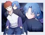  1boy 1girl age_difference alternate_universe black_jacket blue_eyes blue_hair braid breaker_gorgon carrying carrying_person contemporary dress emiya_shirou fate/stay_night fate_(series) hetero highres igote jacket lifting_person long_hair looking_at_another mct medea_(caster)_(fate) medea_(fate) night night_sky orange_hair outdoors pointy_ears purple_lips raglan_sleeves rain red_hair role_reversal side_braid size_difference sky smile water_drop wet wet_clothes white_jacket witch 