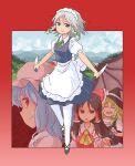  4girls abekawa apron ascot back_bow black_hair black_vest blonde_hair blue_eyes blue_hair bow braid brown_eyes closed_eyes closed_mouth commentary_request detached_sleeves dual_wielding fang fang_out frilled_bow frilled_hair_tubes frills green_bow green_ribbon grey_hair hair_bow hair_tubes hakurei_reimu hat hat_bow highres holding holding_knife izayoi_sakuya kirisame_marisa knife long_hair looking_at_viewer maid maid_headdress mob_cap multiple_girls neck_ribbon open_mouth pantyhose pink_hat puffy_short_sleeves puffy_sleeves red_bow red_eyes remilia_scarlet ribbon ribbon-trimmed_sleeves ribbon_trim shoes short_sleeves side_braid single_braid smile touhou twin_braids vest waist_apron white_apron white_bow white_pantyhose witch_hat yellow_ascot 