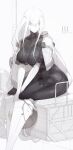  1girl android breasts colored_skin crown dark_skin helmet highres jacket large_breasts long_hair looking_to_the_side mechanical_arms mechanical_legs original see-through_body sitting skeleton ub1mo white_background white_hair white_skin yellow_eyes 