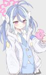  1girl :3 absurdres antenna_hair aqua_hair blue_archive blue_hair blue_necktie blue_vest blush closed_mouth collared_shirt cowboy_shot donut food food_on_face fubuki_(blue_archive) grey_background hair_ornament halo hand_up hashtag-only_commentary heart heart_hair_ornament highres holding holding_donut holding_food jacket kazuki-p555 long_hair looking_at_viewer multicolored_hair necktie no_headwear open_clothes open_jacket pink_halo police police_uniform policewoman red_eyes shirt sidelocks simple_background sketch smile solo streaked_hair twintails two-tone_hair vest white_jacket white_shirt 