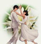  1boy 1girl black_hair closed_eyes dancing dress feet_out_of_frame flower from_side grin halftone han_sooyoung hand_on_another&#039;s_shoulder hand_on_another&#039;s_waist hetero high_heels highres holding_hands kim_dokja lily_(flower) looking_at_another macaronijail medium_hair motion_blur omniscient_reader&#039;s_viewpoint open_mouth short_hair smile suit tuxedo white_dress white_lily white_suit 