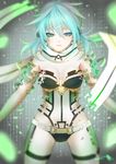  blurry bodysuit breasts depth_of_field digital_dissolve green_eyes green_hair hair_ornament hairclip highres medium_breasts saphirya scarf short_hair sinon sword_art_online 