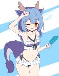  1girl alternate_costume alternate_hairstyle arm_up armpits bare_shoulders bikini blue_hair blue_nails blush breasts collarbone commentary_request dragon_girl dragon_horns dragon_tail duel_monster eastern_dragon_horns food frilled_bikini frilled_bikini_bottom frilled_bikini_top frills hair_between_eyes holding holding_food holding_popsicle horns laundry_dragonmaid long_hair looking_at_viewer melting_popsicle navel one_eye_closed open_mouth popsicle small_breasts smile solo stomach swimsuit tail ttakji_craft twitter_username yellow_eyes yu-gi-oh! 