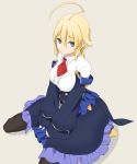  1girl ahoge bangs between_legs black_legwear blazblue blonde_hair blue_eyes braid breasts center_frills closed_mouth collared_shirt es_(xblaze) frown hair_between_eyes hand_between_legs highres huge_ahoge large_breasts long_hair long_sleeves looking_at_viewer mito_engine necktie pantyhose red_neckwear shirt short_necktie single_braid sitting sleeves_past_wrists solo white_shirt xblaze 