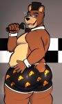 2025 5_fingers absurd_res an0malyz3r0 anthro bear big_butt biped black_bow_tie black_clothing black_eyebrows black_hat black_headwear black_nose black_underwear blue_eyes bow_tie brown_body brown_fur butt clothing cuffs_(clothing) electronics eyebrows fingers five_nights_at_freddy&#039;s freddy_(fnaf) fur furgonomic_underwear furgonomics hat headgear headwear hi_res holding_microphone holding_object humanoid_hands looking_at_viewer looking_back looking_back_at_viewer male mammal microphone open_mouth open_smile scottgames short_tail smile solo tail tan_body tan_fur tan_inner_ear teeth top_hat underwear whisker_spots