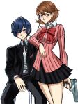  1boy 1girl absurdres black_jacket black_pants black_ribbon black_skirt blue_eyes blue_hair blush bow bowtie breasts brown_eyes brown_hair cardigan chaosoded choker closed_mouth collared_shirt earphones elbow_rest english_commentary evoker feet_out_of_frame flipped_hair gekkoukan_high_school_uniform glint gun highres holding holding_gun holding_weapon jacket listening_to_music long_sleeves looking_at_viewer loose_bowtie medium_breasts miniskirt neck_ribbon open_clothes open_jacket pants parted_lips persona persona_3 pink_cardigan pleated_skirt red_bow red_bowtie ribbed_cardigan ribbon s.e.e.s school_uniform shared_earphones shirt short_hair sitting skirt standing takeba_yukari weapon white_background white_choker white_shirt yuuki_makoto_(persona_3) 