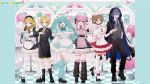 2boys 4girls ;d ahoge apron aqua_eyes aqua_hair artist_name balloon bebe_(bebe_pp) black_dress black_jacket black_leg_warmers black_pants black_shoes black_shorts blonde_hair blue_eyes blue_hair blue_necktie blush bow breasts brown_eyes brown_hair closed_mouth commentary_request copyright_notice dress four-finger_heart_hands frilled_thighhighs frills full_body gloves green_bow green_dress green_leg_warmers grey_vest grin hair_between_eyes hair_bow hatsune_miku heart heart_balloon heart_hands highres holding holding_menu holding_stuffed_toy hood hood_up hooded_jacket jacket kagamine_len kagamine_rin kaito_(vocaloid) leg_up leg_warmers logo long_hair looking_at_viewer maid_headdress medium_hair megurine_luka meiko_(vocaloid) menu multiple_boys multiple_girls necktie official_art one_eye_closed pants pink_dress plant potted_plant puffy_short_sleeves puffy_sleeves second-party_source shelf shirt shoes short_sleeves shorts smile spring_onion stuffed_animal stuffed_toy suit_jacket teddy_bear teeth thighhighs tile_floor tiles twintails vest vocaloid white_apron white_bow white_gloves white_shirt white_thighhighs yellow_necktie 