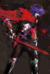  1other armor armored_boots armored_gloves black_bodysuit blue_hair blue_skin bodysuit boots breastplate cape colored_skin dark_background deltarune floating floating_object glowing hair_over_eyes heart highres holding holding_weapon kris_(dark_world)_(deltarune) kris_(deltarune) kyezzzz other_focus red_cape short_hair simple_background soul_(deltarune) sword weapon 