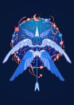  angel_wings arrow_(projectile) blue_background blue_feathers blue_theme blue_wings commentary constellation crescent crescent_moon english_commentary feathered_wings feathers highres meyoco moon no_humans object_focus original planet saturn_(planet) shooting_star_(symbol) simple_background star_(symbol) weapon white_feathers white_wings wings 