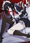  1girl absurdres black_corset black_hair black_survival black_thighhighs character_request corset eternal_return:_black_survival garter_belt highres long_hair maid maid_headdress multicolored_hair red_eyes red_hair red_ribbon ribbon solo thighhighs thighs two-tone_hair white_headdress xueding&#039;e_de_chou_xiongmao 