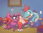 after_anal after_sex anus argon_vile backsack balls bean_bag blue_body blue_scales blush bodily_fluids charmeleon croconaw cum cum_in_ass cum_inside cum_spurt english_text flaccid foreskin fucked_silly generation_1_pokemon generation_2_pokemon generation_8_pokemon genital_fluids genitals group group_sex heart_symbol hi_res impidimp kneeling looking_pleasured lying male male/male navel nintendo on_front outie_navel penis perineum pink_body pokemon pokemon_(species) red_body red_scales scales scalie sex sloppy_seconds spread_anus spreading text threesome tongue tongue_out trio