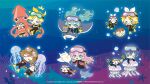  2boys 4girls :d ;) aqua_eyes aqua_hair black_wetsuit blonde_hair blue_eyes blue_hair bodysuit bow brown_hair cat cheek_bulge chibi chibi_only closed_eyes closed_mouth commentary_request copyright_notice coral diving_suit fish flippers full_body goggles goggles_on_head hair_between_eyes hair_bow hair_ornament hairclip hatsune_miku highres jellyfish kagamine_len kagamine_rin kaito_(vocaloid) logo long_hair looking_at_viewer manta_ray megurine_luka meiko_(vocaloid) multiple_boys multiple_girls official_art one_eye_closed pink_hair puffer_fish smile squid sweatdrop twintails u_u vocaloid wetsuit white_bow 