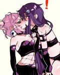  ! 2girls absurdres anger_vein black_eyeshadow blush choker closed_eyes doki_doki_literature_club earrings eclipxare elbow_gloves eyeshadow fishnets gloves goth_fashion hair_ornament highres jewelry kiss makeup midriff multiple_girls natsuki_(doki_doki_literature_club) navel pink_hair purple_choker purple_gloves purple_hair shirt skull_earrings skull_hair_ornament stomach strapless strapless_shirt yuri yuri_(doki_doki_literature_club) 
